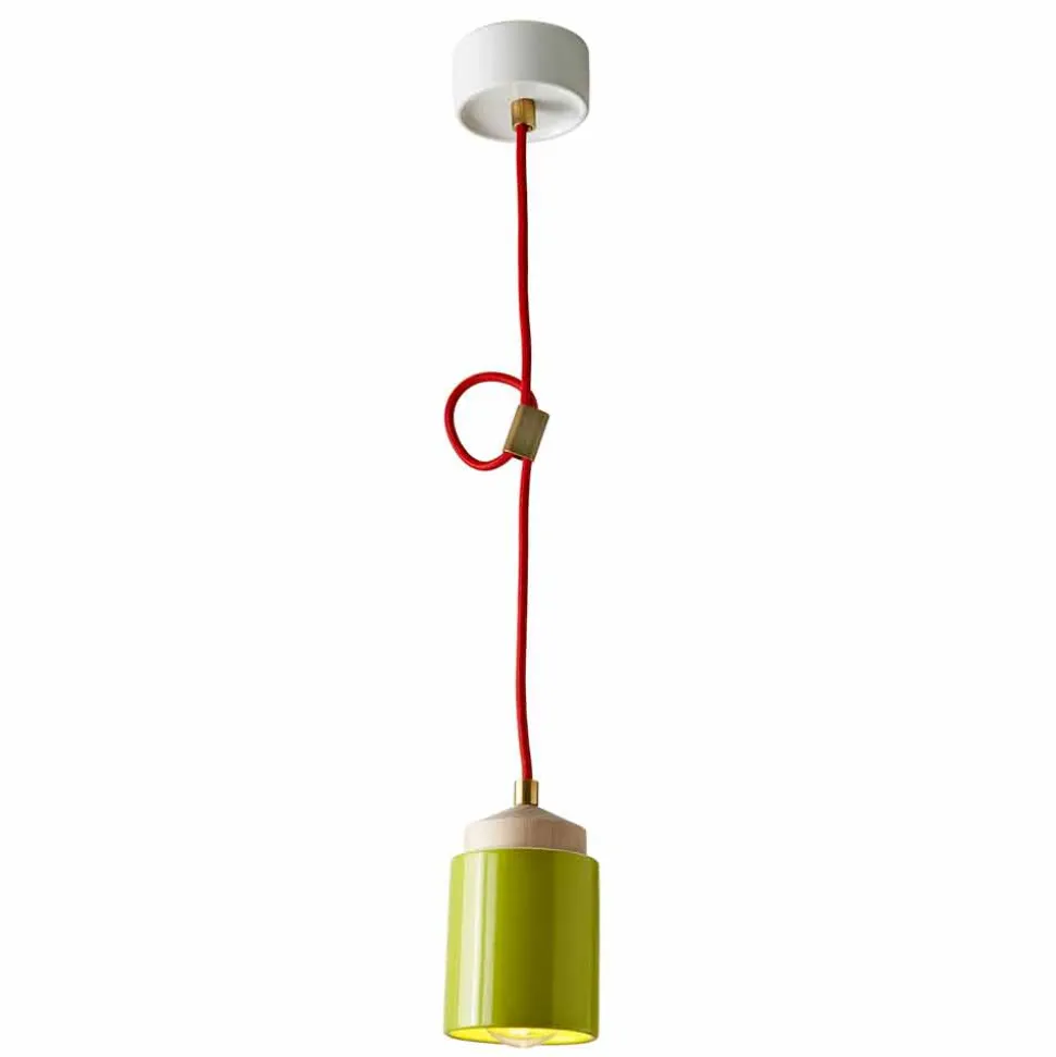 Lampada in legno di faggio e ceramica sospesa fatta in Italia Asia