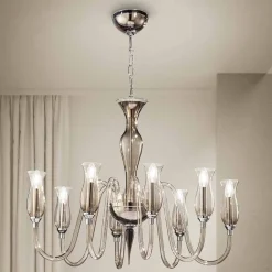 Lampadario a 8 Luci Artigianale in Vetro Veneziano Fumè Made in Italy - Vittoria