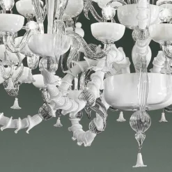 Lampadario a 27 Luci in Vetro di Venezia Bianco, Fatto a Mano in Italia - Regina