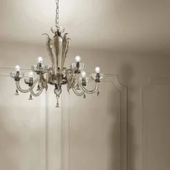 Lampadario a 6 Luci in Vetro Veneziano, Realizzato a Mano in Italia - Regina