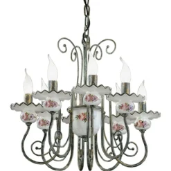 Lampadario Artigianale Ceramica Decoro a Mano e Ottone Anticato - Sanremo