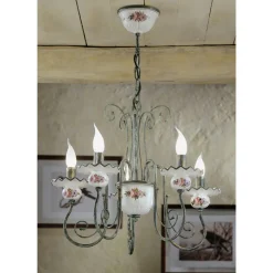 Lampadario Artigianale Ceramica Decoro a Mano e Ottone Anticato - Sanremo