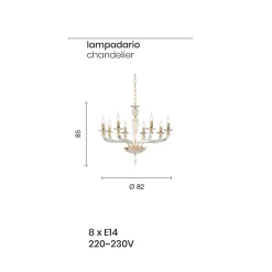 Lampadario Classico 8 Luci Vetro Fatto a Mano Rigaton e Metallo - Fievole