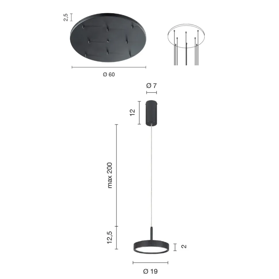 Lampadario con Base Rotonda in Metallo Verniciato Color Nero e Luce LED - Carpino