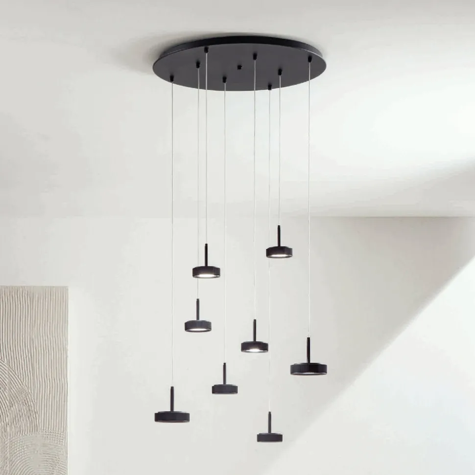 Lampadario con Base Rotonda in Metallo Verniciato Color Nero e Luce LED - Carpino