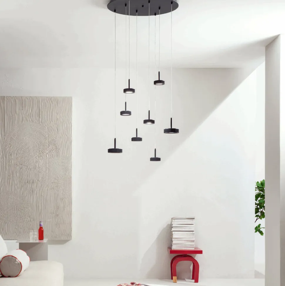 Lampadario con Base Rotonda in Metallo Verniciato Color Nero e Luce LED - Carpino