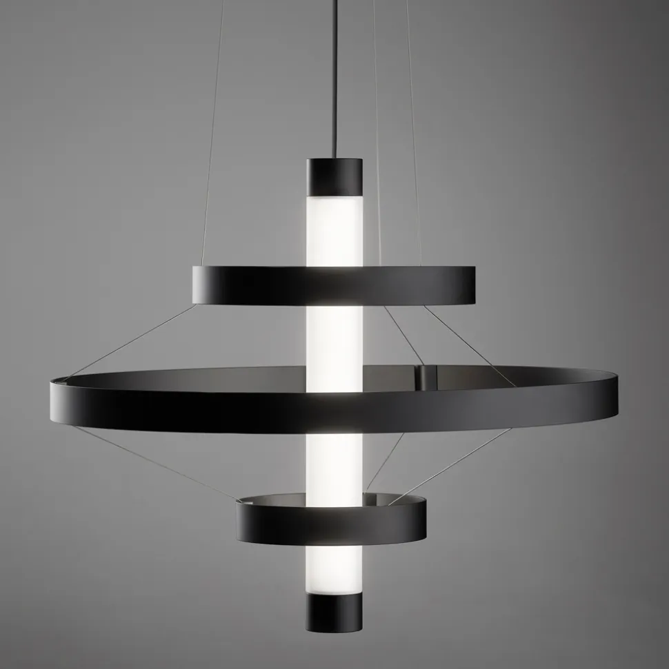 Lampadario con Corpo Luminoso in Vetro e 3 Cerchi in Alluminio - Clara
