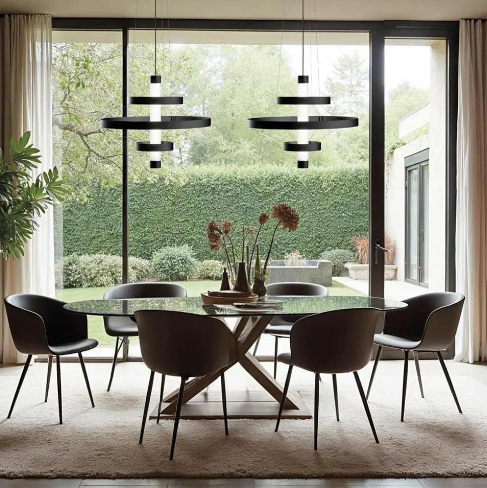 Lampadario con Corpo Luminoso in Vetro e 3 Cerchi in Alluminio - Clara