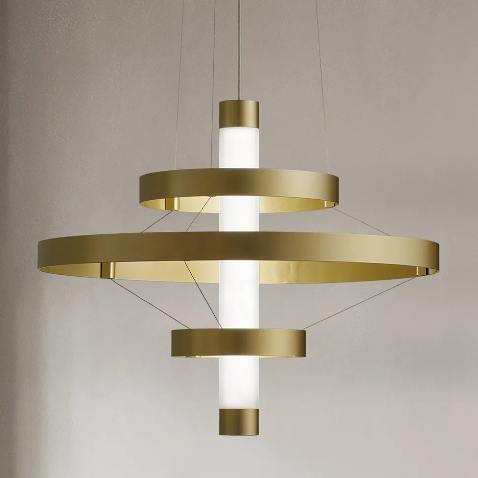 Lampadario con Corpo Luminoso in Vetro e 3 Cerchi in Alluminio - Clara