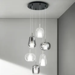 Lampadario con 6 Diffusori in Vetro Fumè e Trasparente Made in Italy - Trilly