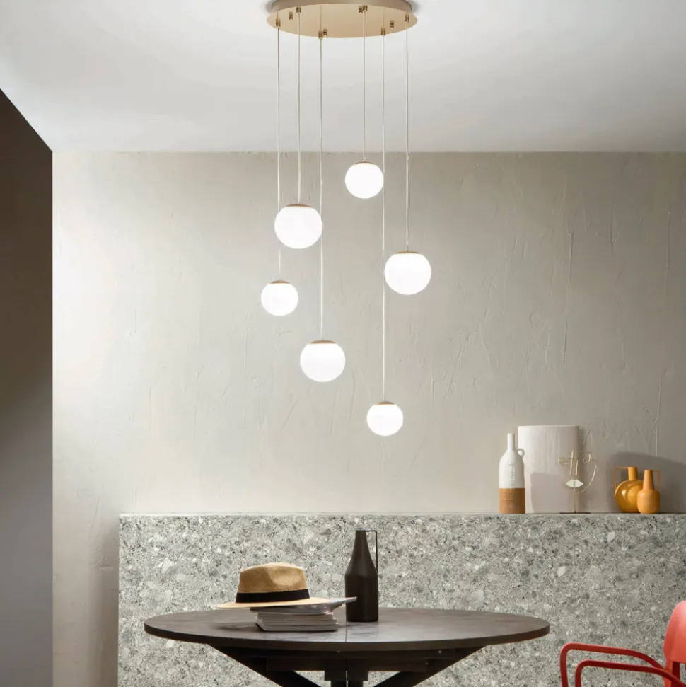 Lampadario con 6 LED Coperti da Vetro Opzionale e Base in Metallo - Faggio