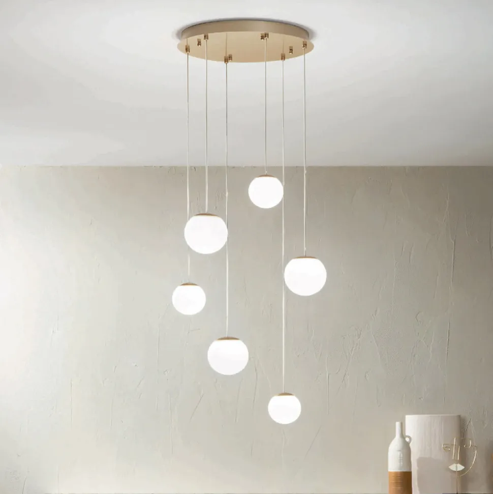 Lampadario con 6 LED Coperti da Vetro Opzionale e Base in Metallo - Faggio