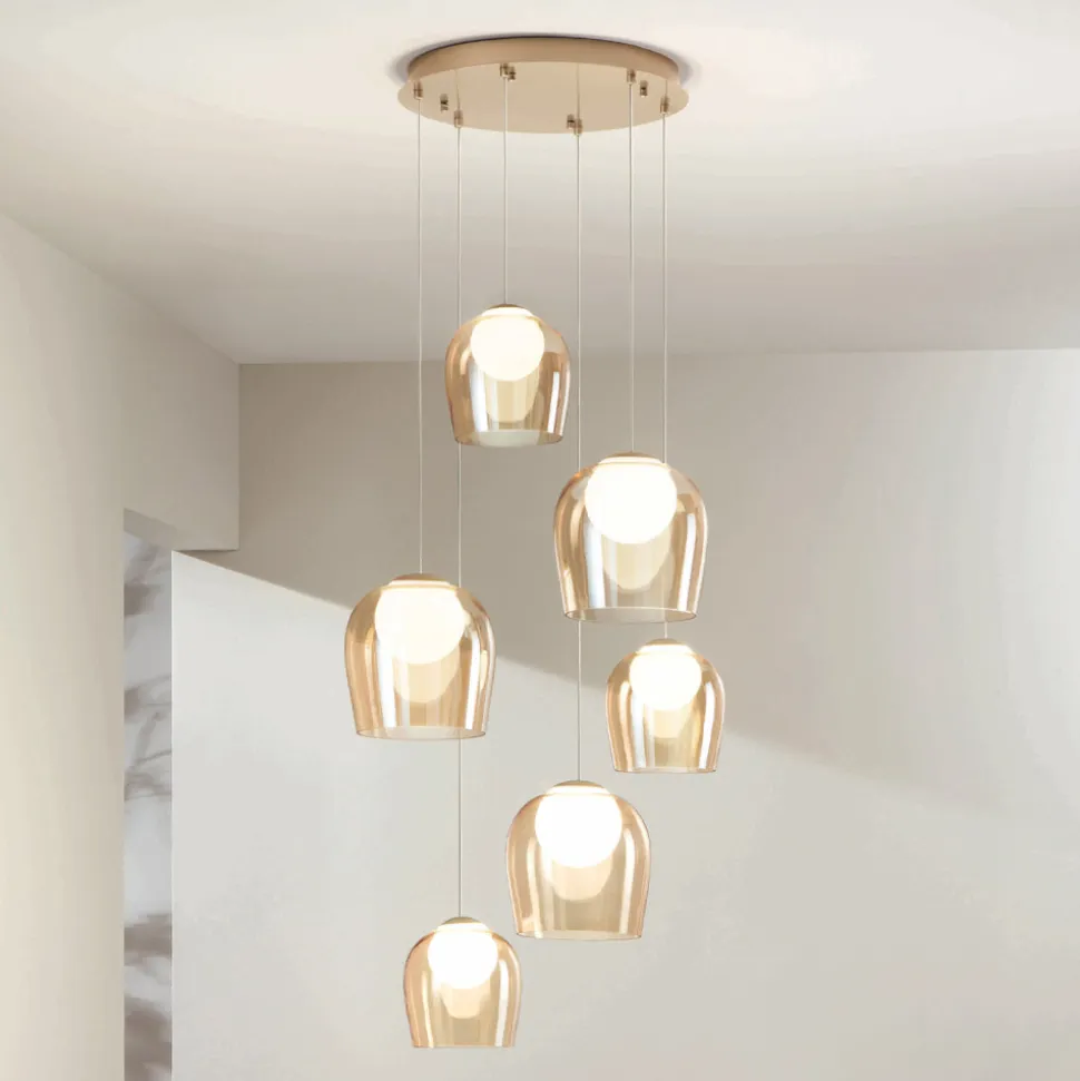 Lampadario con 6 LED Coperti da Vetro Opzionale e Base in Metallo - Faggio