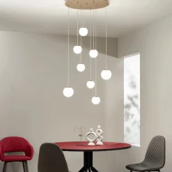 Lampadario con 8 LED Coperti da Vetro Colorato Opzionale e Base in Metallo - Faggio