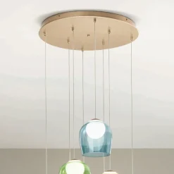 Lampadario con 8 LED Coperti da Vetro Colorato Opzionale e Base in Metallo - Faggio