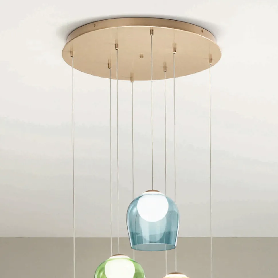 Lampadario con 8 LED Coperti da Vetro Colorato Opzionale e Base in Metallo - Faggio