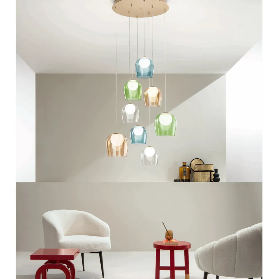 Lampadario con 8 LED Coperti da Vetro Colorato Opzionale e Base in Metallo - Faggio