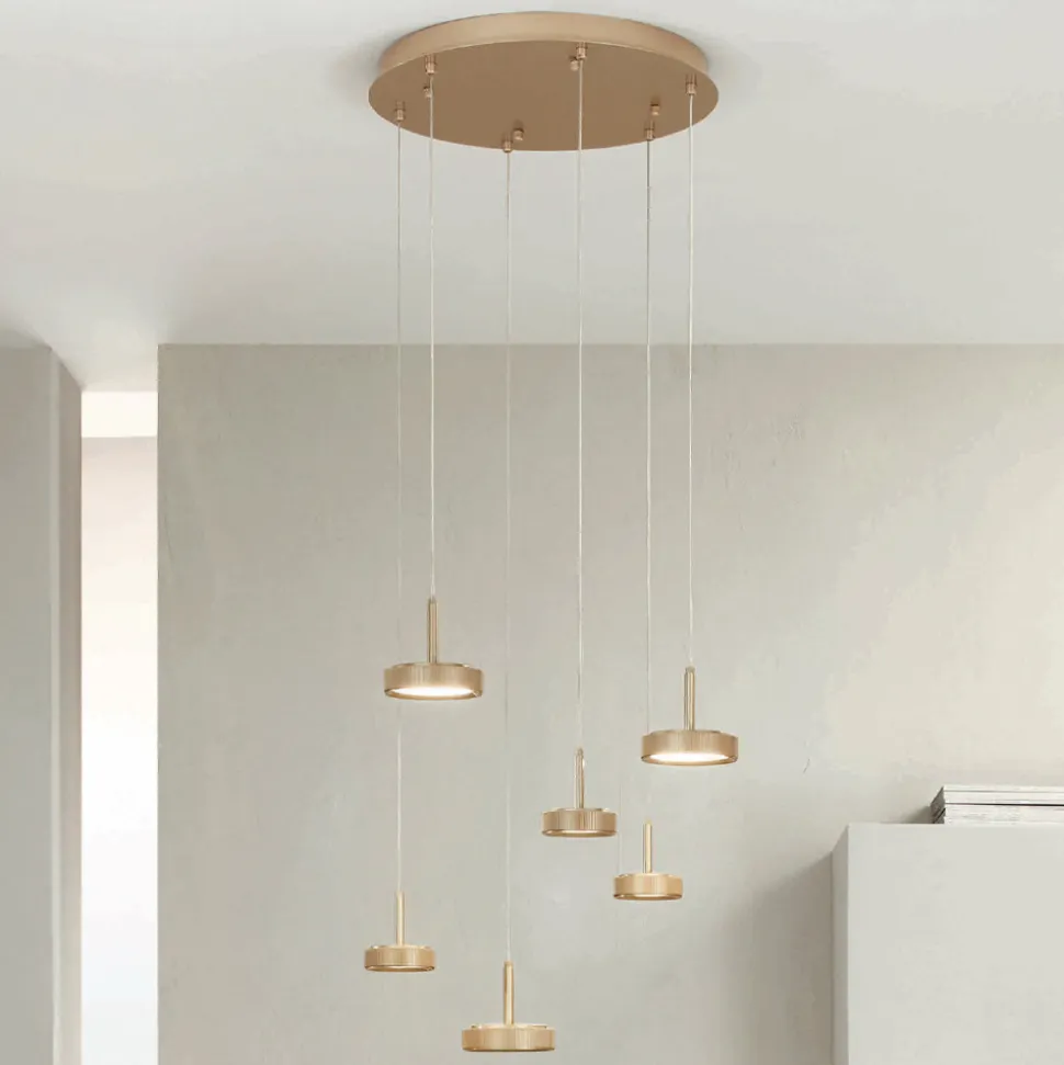 Lampadario con 6 LED e Base Rotonda in Metallo Verniciato Color Oro - Carpino