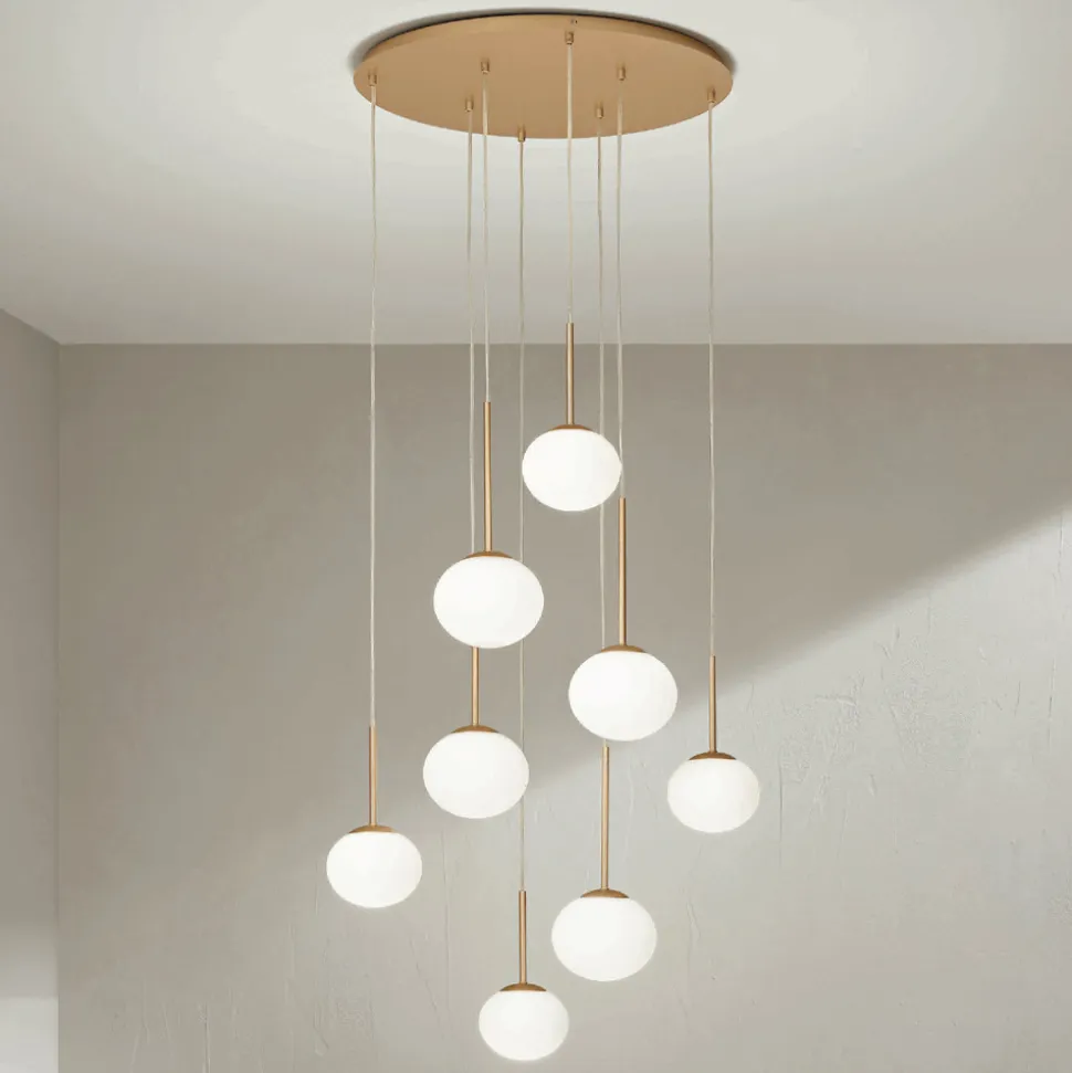 Lampadario con 8 LED in Metallo Verniciato Color Oro e Vetro Soffiato - Ailanto