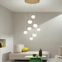 Lampadario con 8 LED in Metallo Verniciato Color Oro e Vetro Soffiato - Ailanto