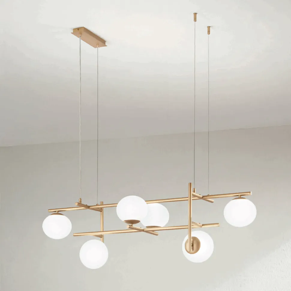 Lampadario con LED in Metallo Verniciato Color Oro e Vetro Soffiato - Ailanto