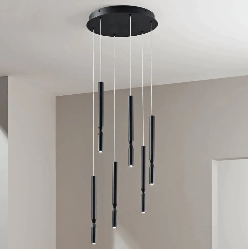 Lampadario con 6 Luci LED in Metallo Verniciato e Cavi Regolabili - Larice