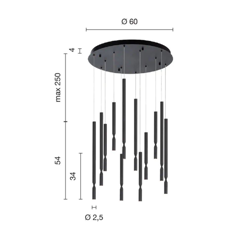 Lampadario con 12 Luci LED in Metallo Verniciato e Cavi Regolabili - Larice