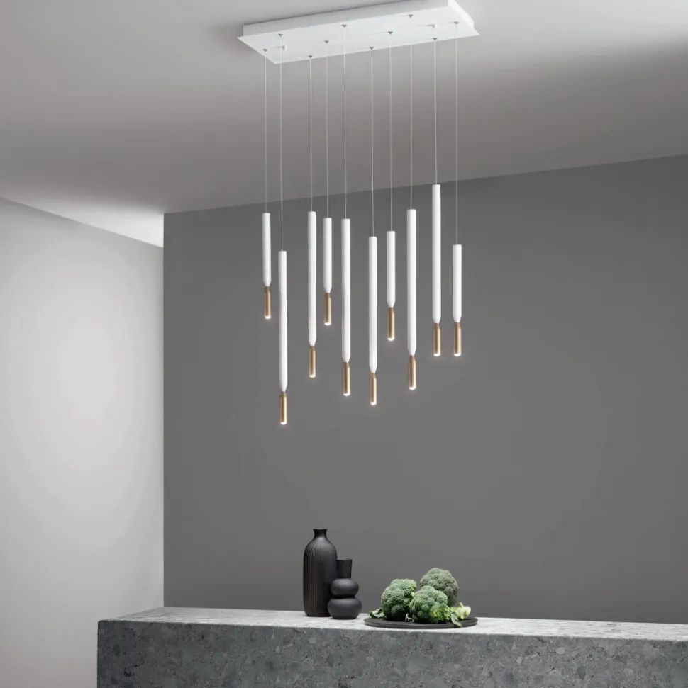 Lampadario con 10 Luci LED in Metallo Verniciato e Cavi Regolabili - Larice