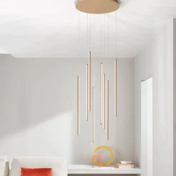 Lampadario con 8 Luci LED in Metallo Verniciato Oro e Cavetti Regolabili - Arancio