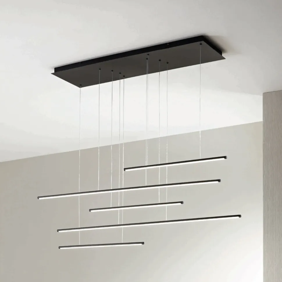 Lampadario con Luci LED Orizzontali in Metallo e Cavetti Regolabili - Arancio