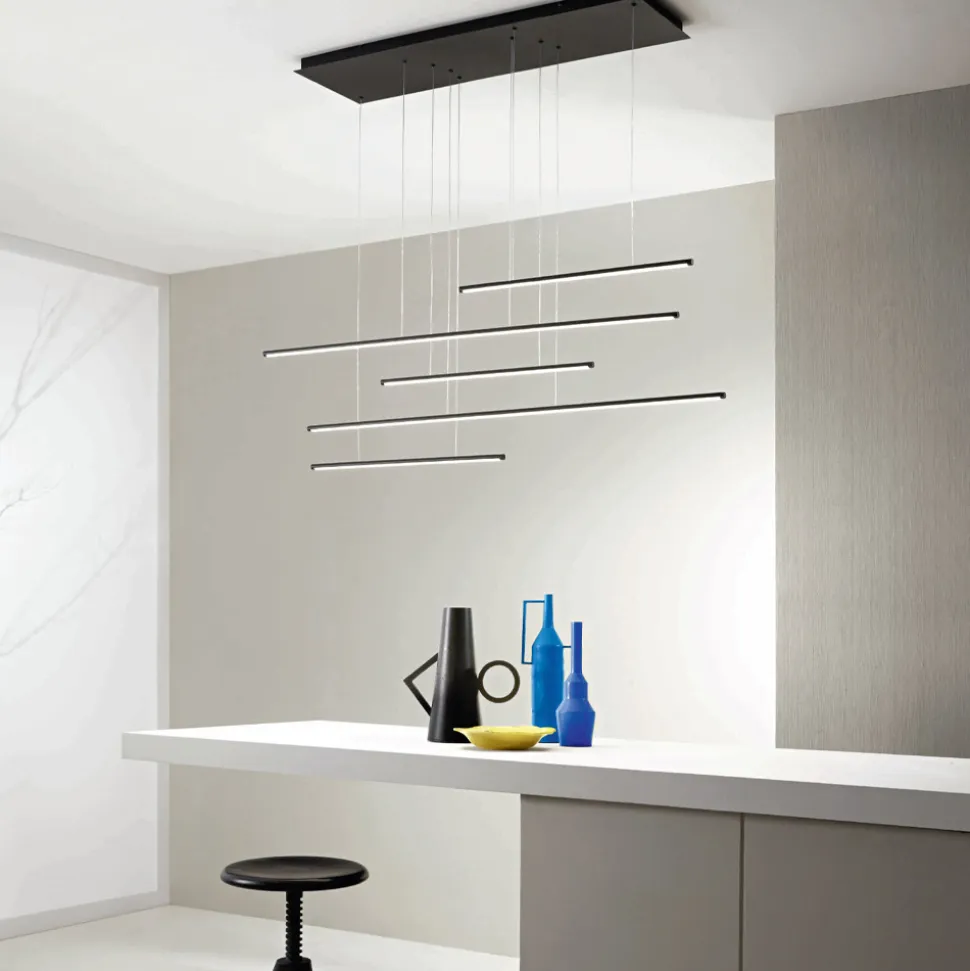 Lampadario con Luci LED Orizzontali in Metallo e Cavetti Regolabili - Arancio