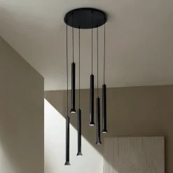 Lampadario con Montatura Metallica Verniciata Nero e Cavi Regolabili - Betulla