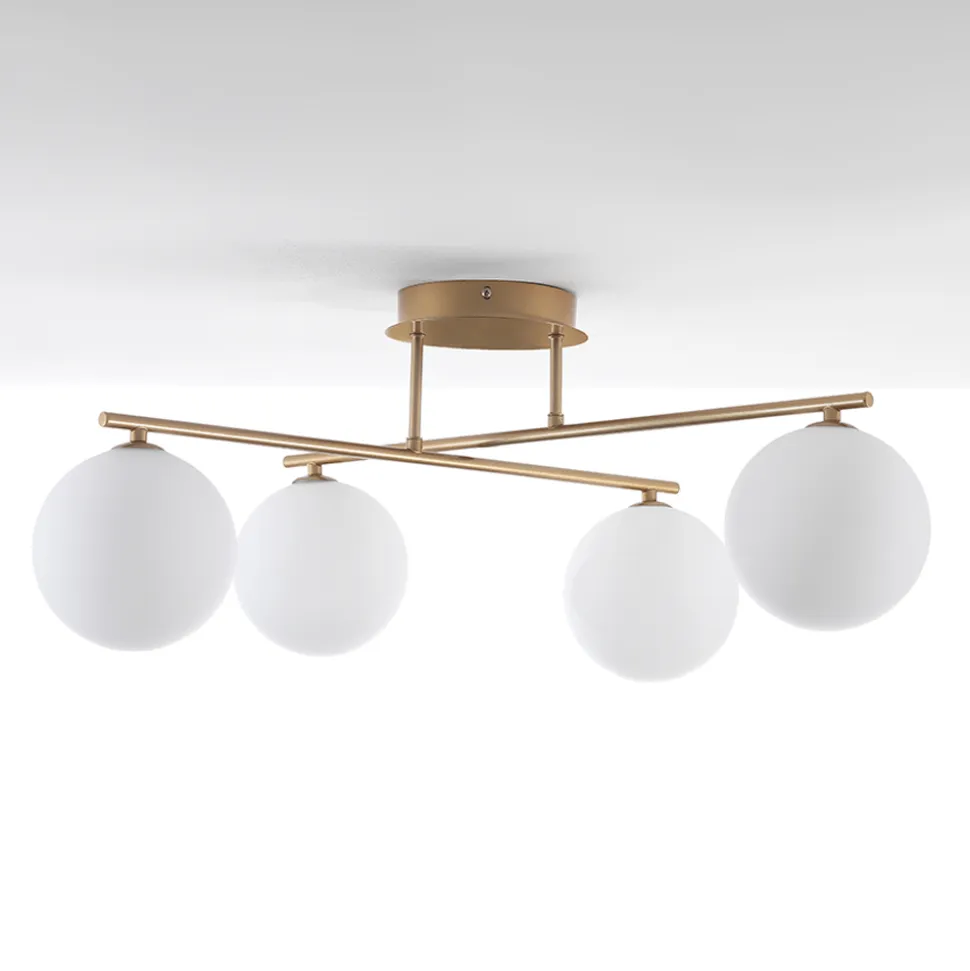 Lampadario in Metallo Oro Metallizzato e 4 Sfere in Vetro Bianco - Venezia