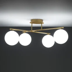 Lampadario in Metallo Oro Metallizzato e 4 Sfere in Vetro Bianco - Venezia