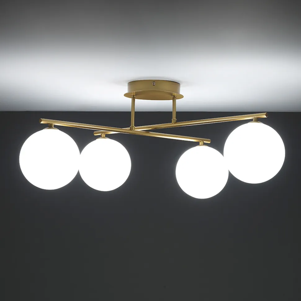 Lampadario in Metallo Oro Metallizzato e 4 Sfere in Vetro Bianco - Venezia