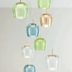 Lampadario in Metallo Verniciato Color Oro e Luce LED e Vetro Colorato - Carpino