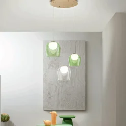 Lampadario in Metallo Verniciato Color Oro con 3 LED e Vetro Opzionale - Faggio