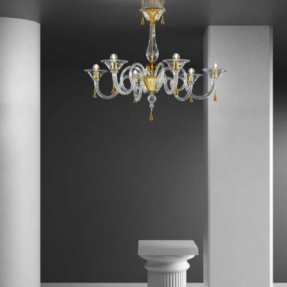Lampadario in Vetro Veneziano a 6 Luci Fatto a Mano, Made in Italy - Margherita