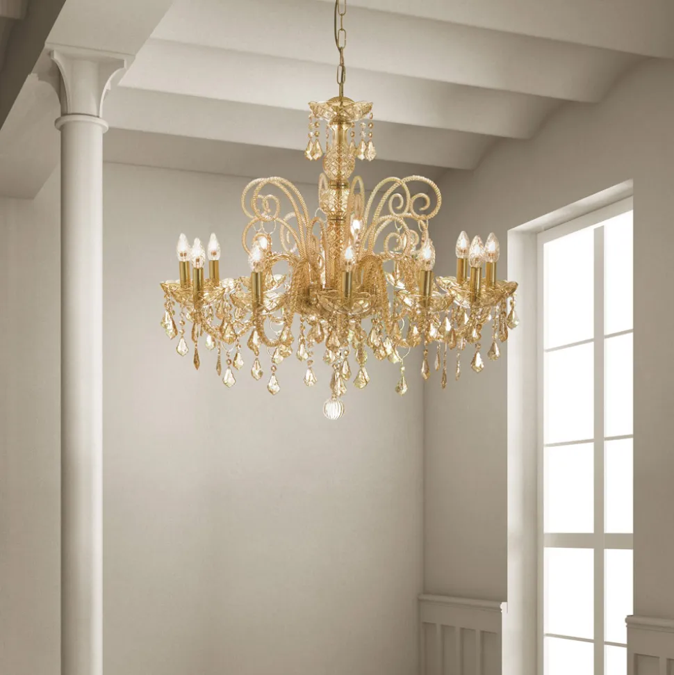 Lampadario 12 Luci Artigianale in Vetro di Venezia e Metallo - Fiorentino