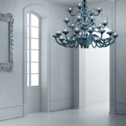 Lampadario 28 Luci Artigianale in Vetro Veneziano Blu e Metallo - Foscarino