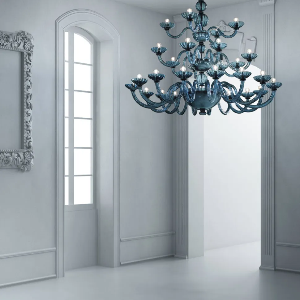 Lampadario 28 Luci Artigianale in Vetro Veneziano Blu e Metallo - Foscarino