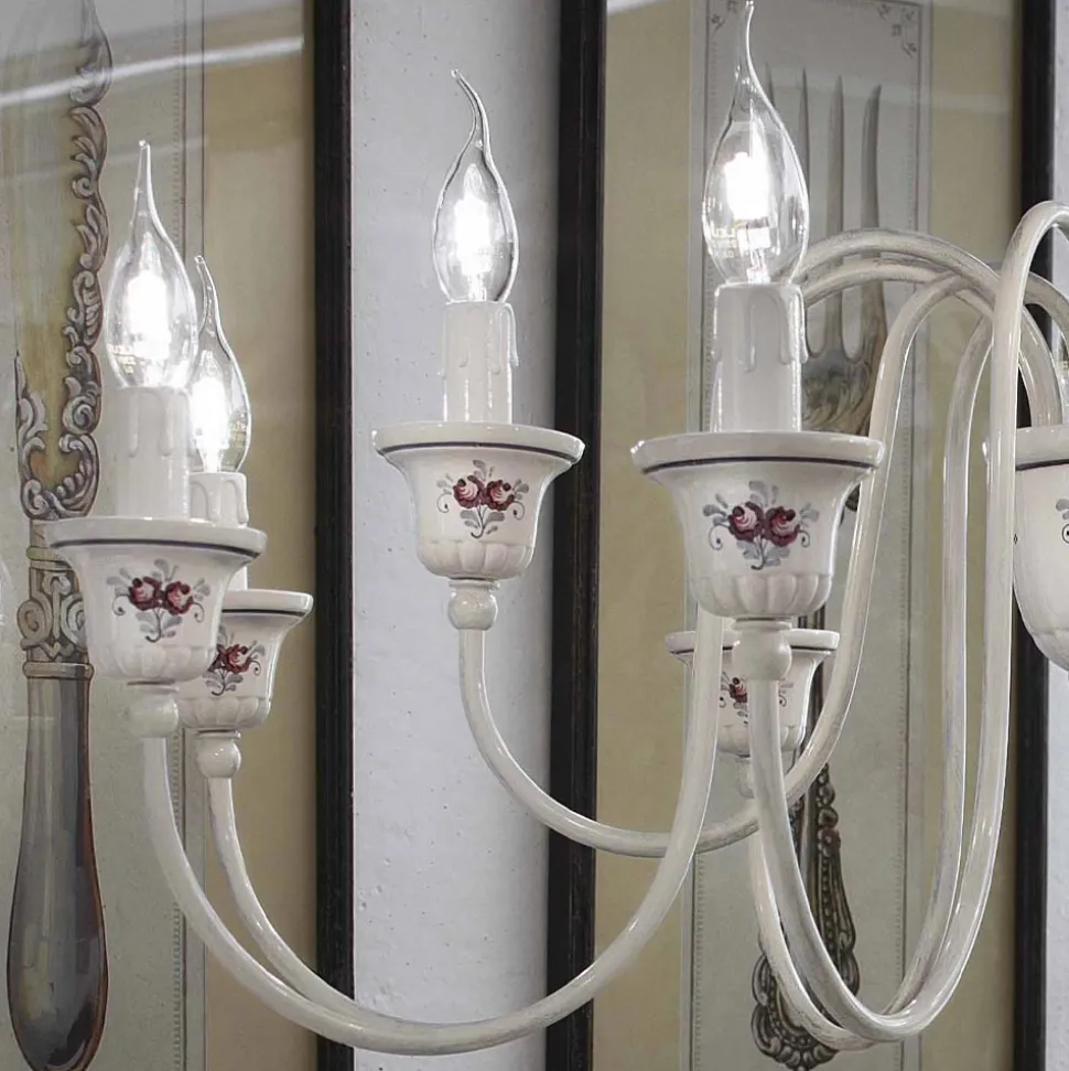 Lampadario 12 Luci Artigianale Ceramica Dipinta a Mano e Ottone - Sanremo