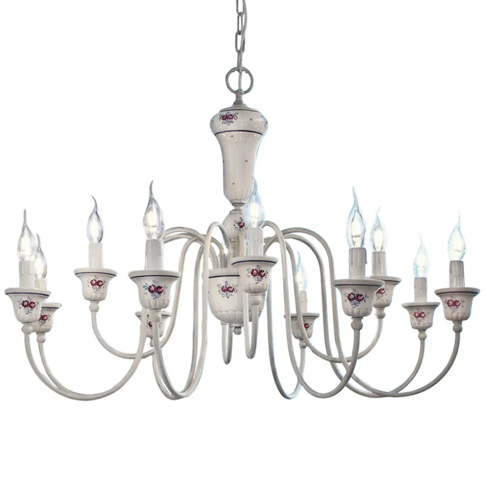 Lampadario 12 Luci Artigianale Ceramica Dipinta a Mano e Ottone - Sanremo