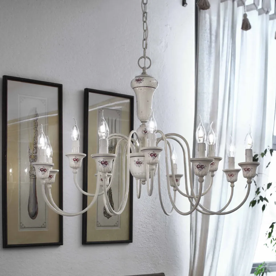 Lampadario 12 Luci Artigianale Ceramica Dipinta a Mano e Ottone - Sanremo