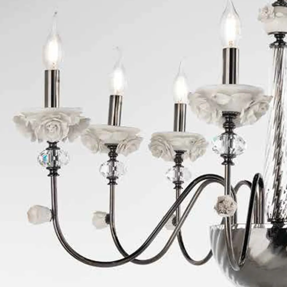 Lampadario 8 Luci Classico in Porcellana e Vetro Soffiato Lusso - Eteria