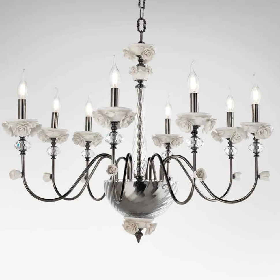 Lampadario 8 Luci Classico in Porcellana e Vetro Soffiato Lusso - Eteria