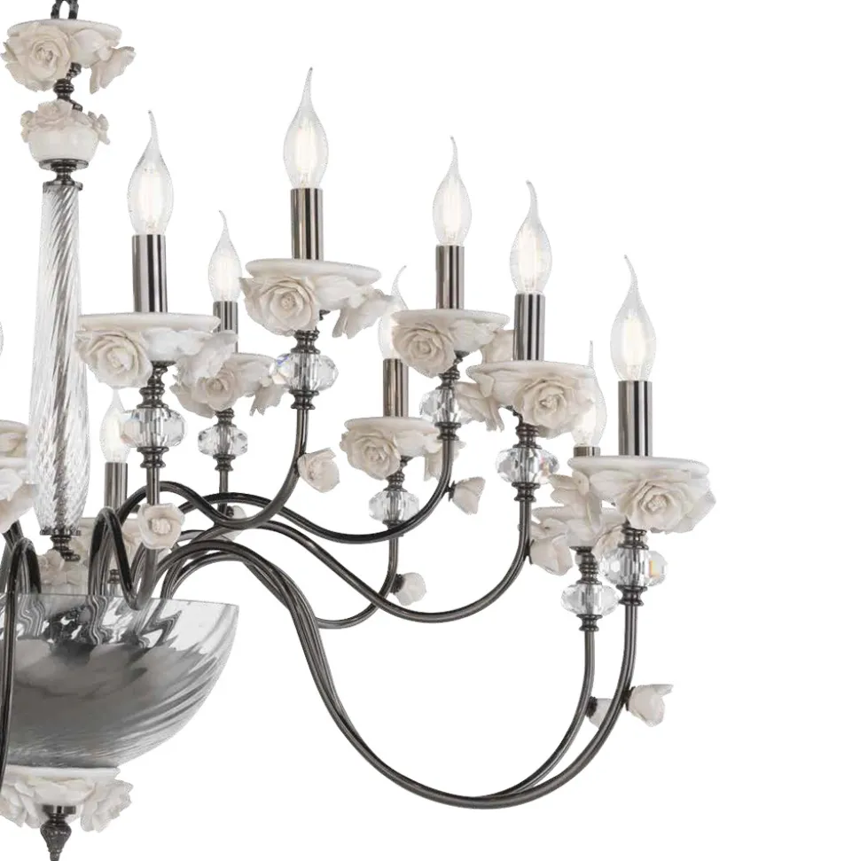 Lampadario 18 Luci Classico in Porcellana e Vetro Soffiato Lusso - Eteria