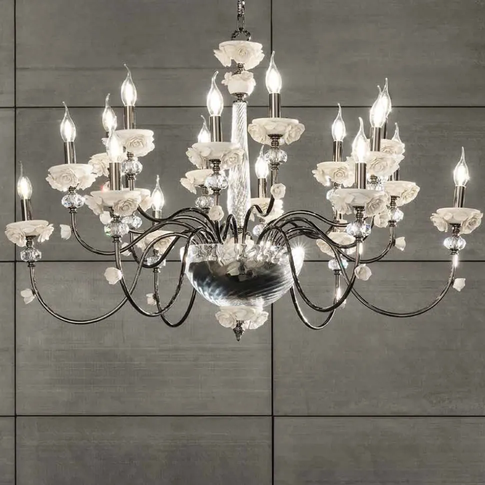 Lampadario 18 Luci Classico in Porcellana e Vetro Soffiato Lusso - Eteria