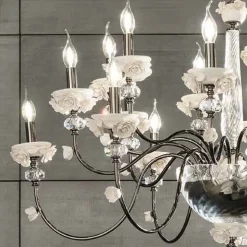 Lampadario 30 Luci Classico in Porcellana e Vetro Soffiato Lusso - Eteria