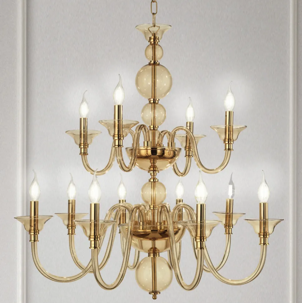 Lampadario 12 Luci Classico in Vetro a Mano Italiano e Metallo - Memore